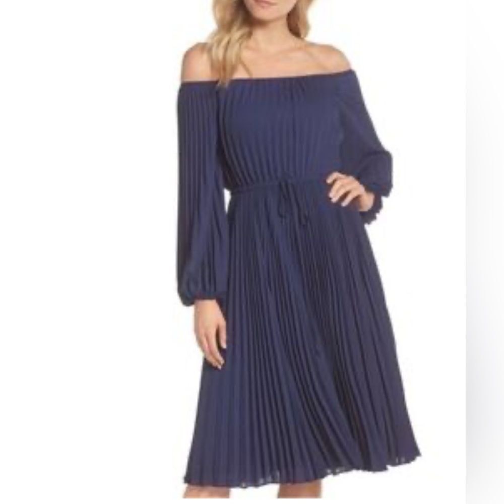 Gal meets glam women’s 16 Elise off shoulder pleated‎ midi dress navy blue